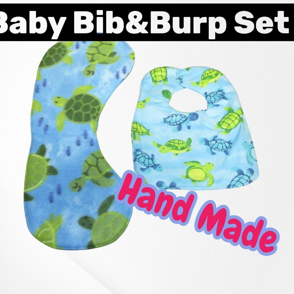 Infant Bib and Burp Cloth set in a Blue With turtle print handmade and new